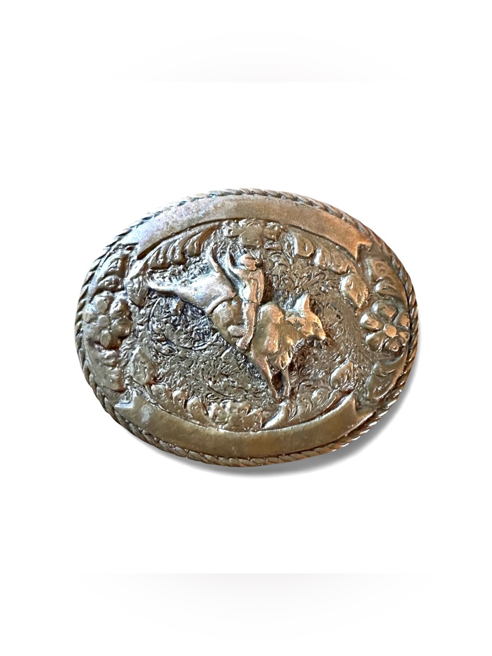 Vintage Justin Bronze Cast Belt Buckle with Rodeo Design